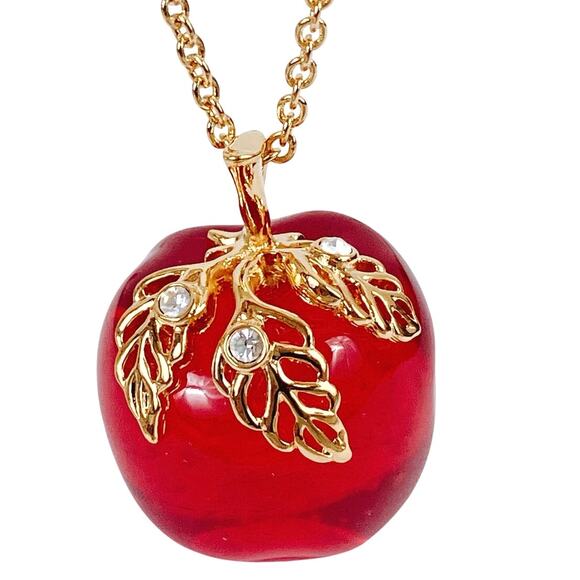 Vintage Avon Lucite Red Candy Apple Clear Rhinestone Pendant Necklace 32" Long - Picture 1 of 11
